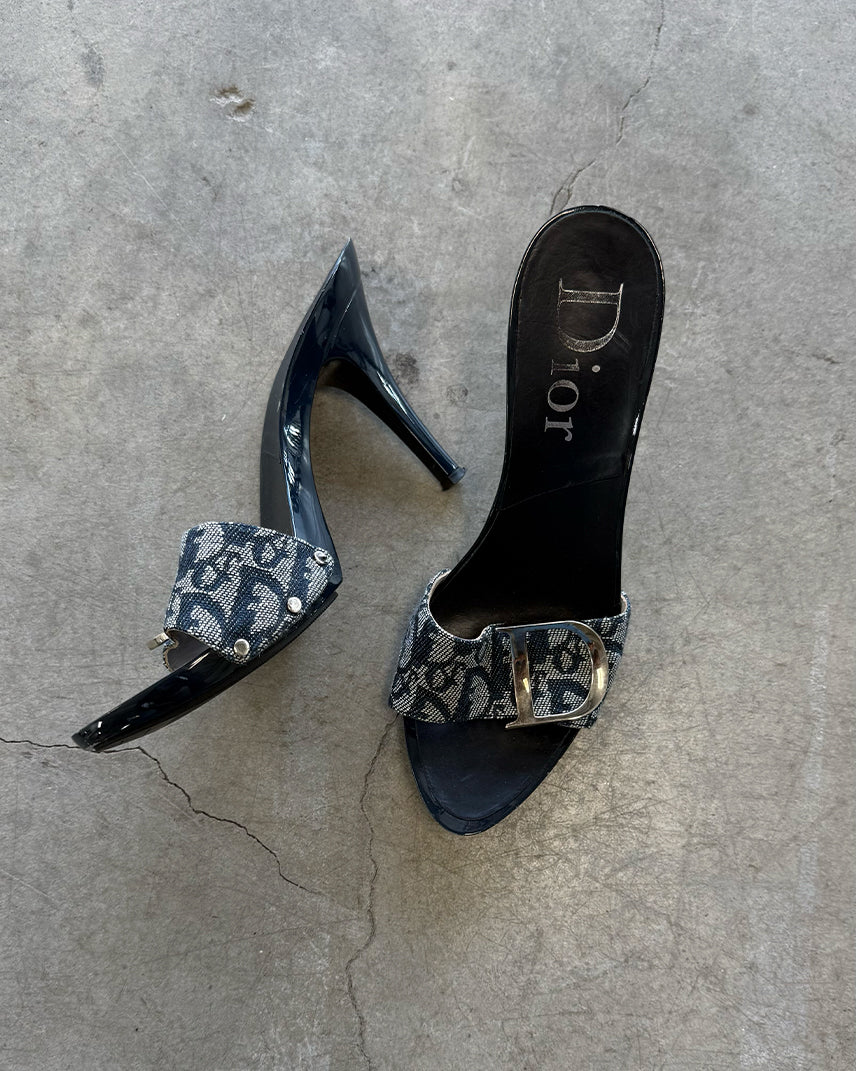 Navy Blue Vintage Christian Dior Monogram Logo Mule Heels