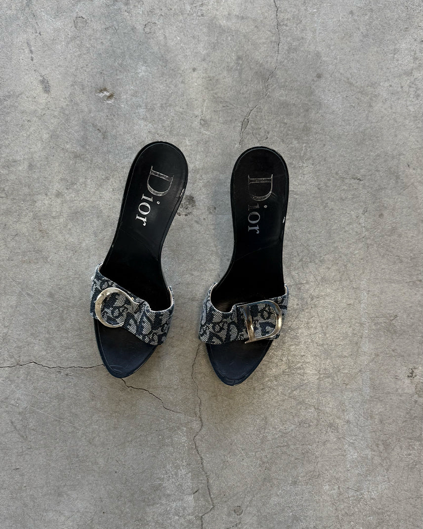 Navy Blue Vintage Christian Dior Monogram Logo Mule Heels
