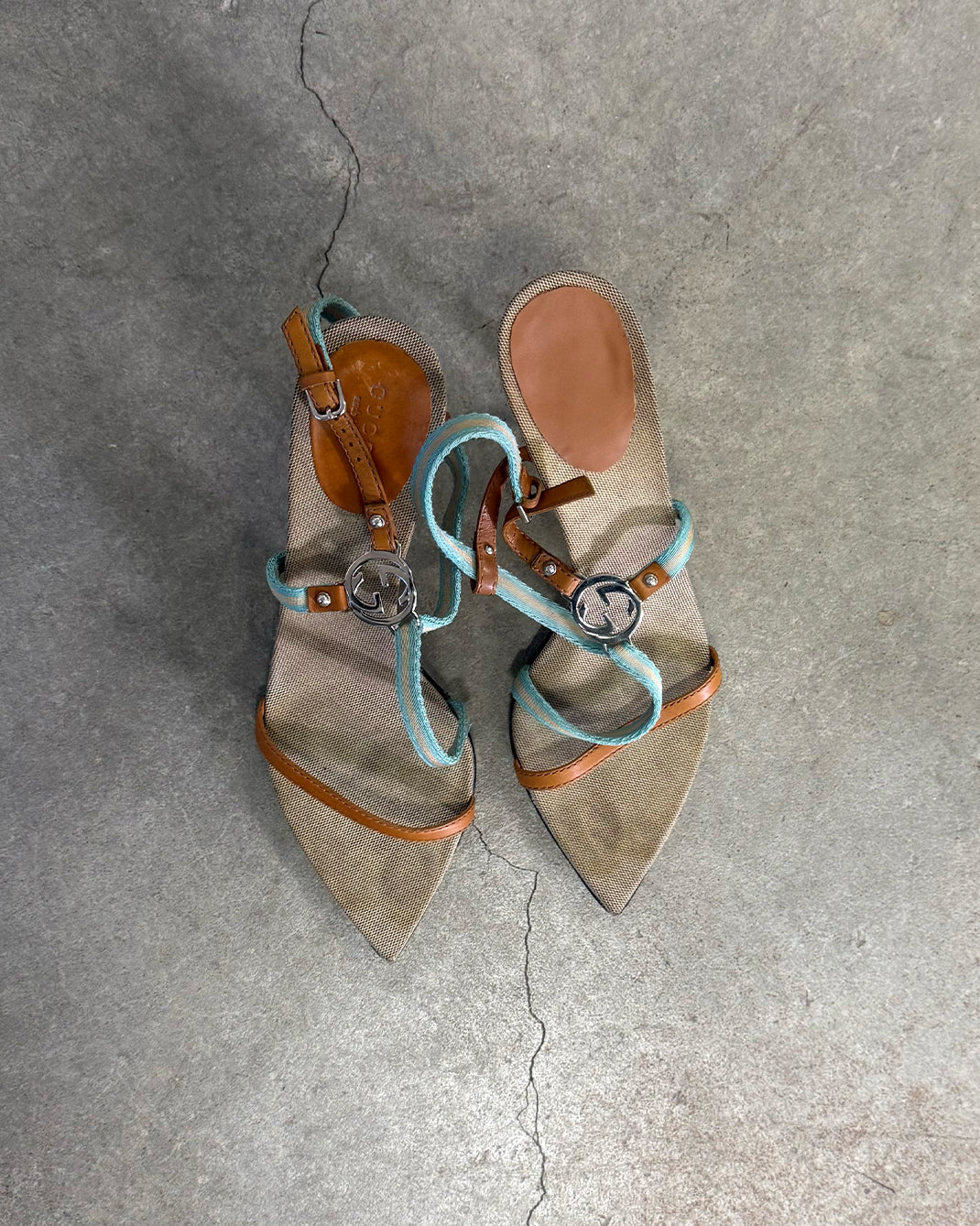 Tan Blue Vintage Gucci Tom Ford GG Heel Sandals