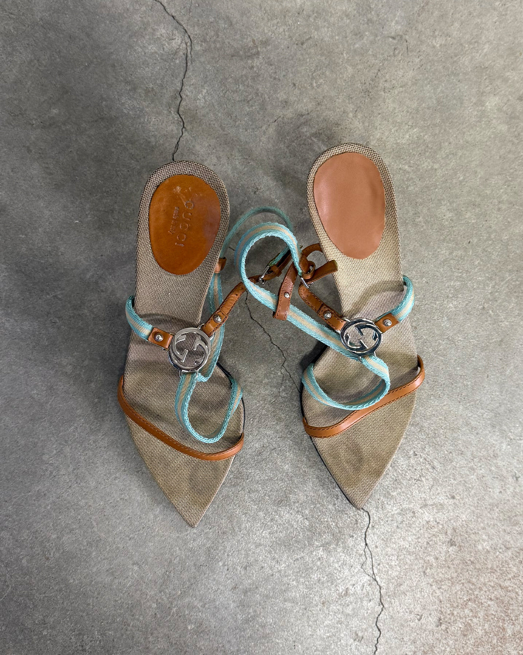 Tan Blue Vintage Gucci Tom Ford GG Heel Sandals
