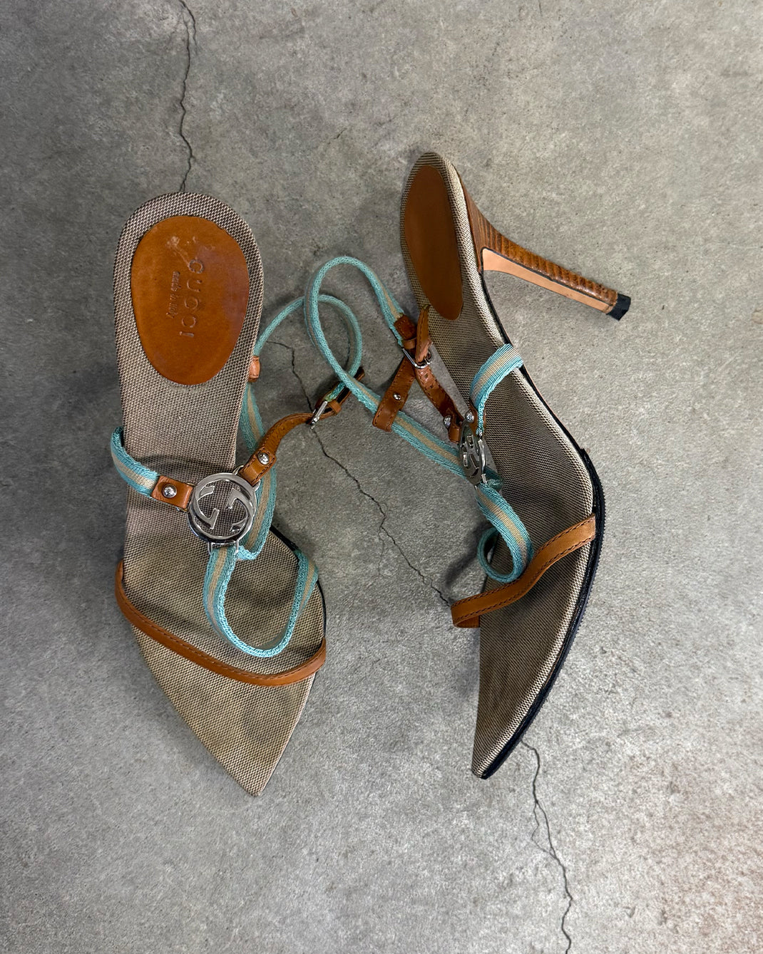 Tan Blue Vintage Gucci Tom Ford GG Heel Sandals