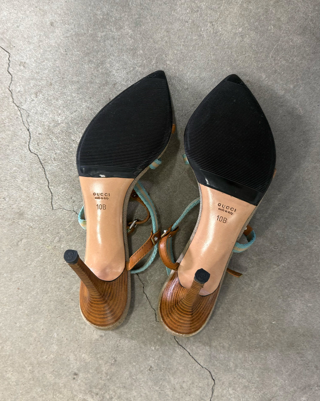 Tan Blue Vintage Gucci Tom Ford GG Heel Sandals